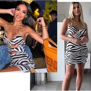 Zara black white zebra animal print cut out spaghetti strap mini dress Sz L NWT